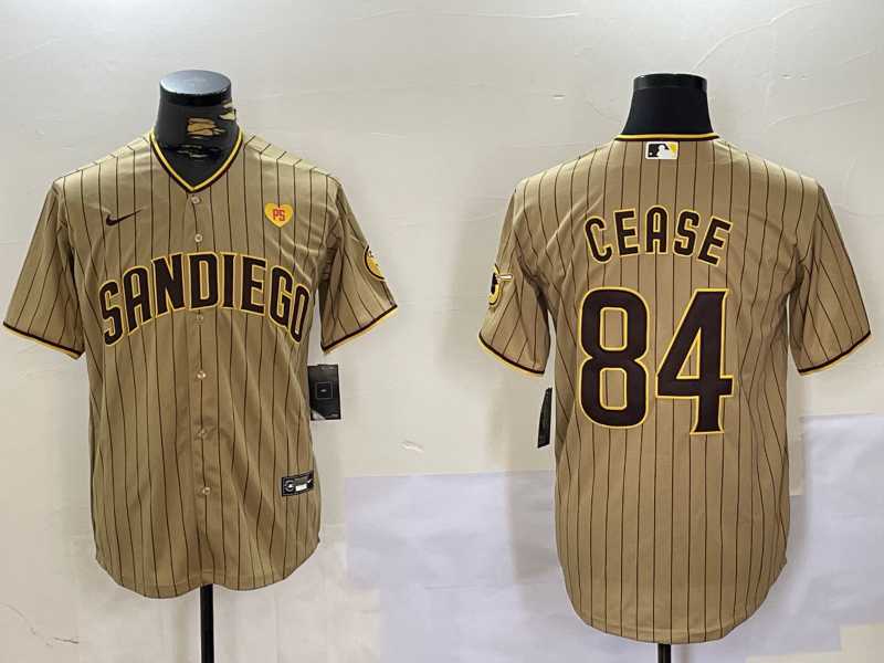 Mens San Diego Padres #84 Dylan Cease Khaki Team Logo With PS Patch Stitched Cool Base Nike Jersey